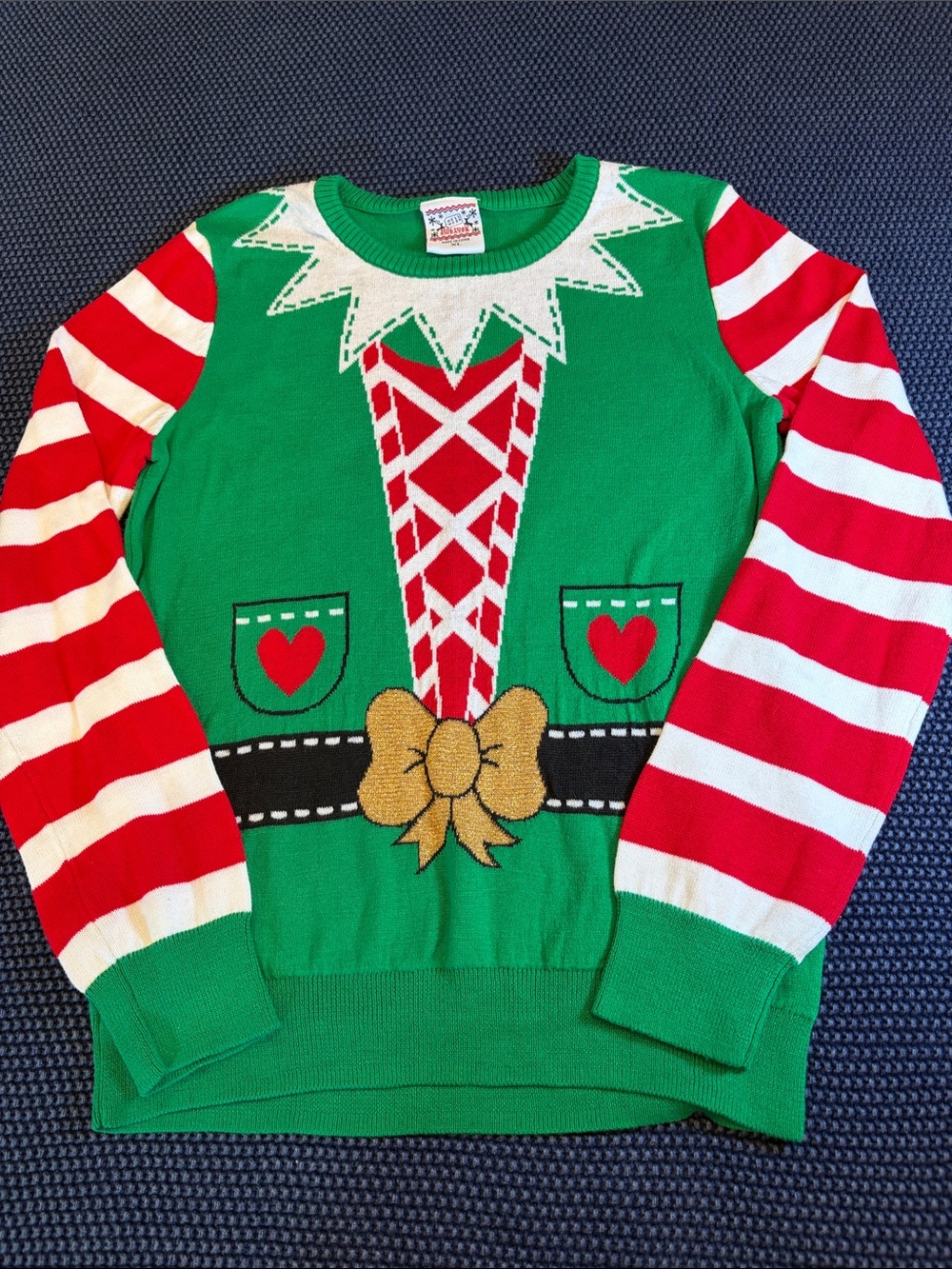 Holiday ugly Christmas sweater – youth extra large- elf strips candy cane